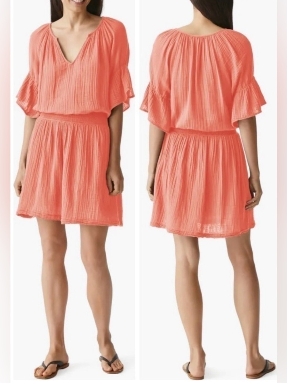 Michael Stars KATELYN Double Gauze Cotton Peasant Dress W Smocked Waist Pink - M